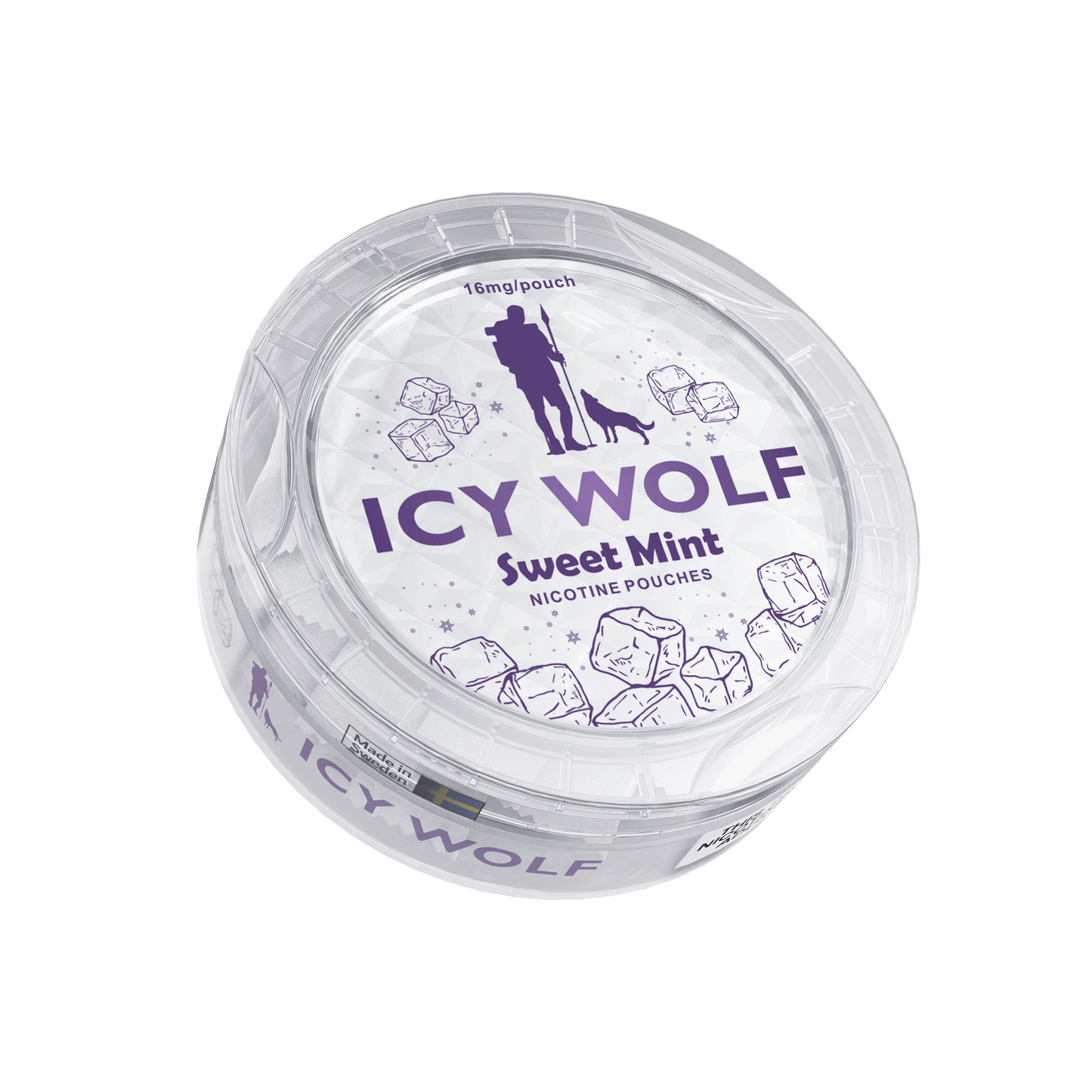 Detail close-up of Icy Wolf Sweet Mint packaging, showcasing a circular container with floral design in white and purple.