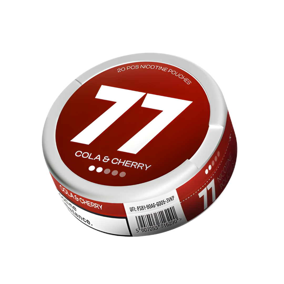 Detail close-up of a circular can with a metallic finish, featuring a large number 77 in red and white on a transparent ba…