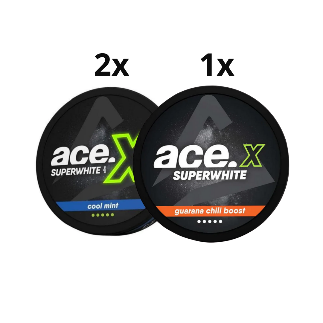 Front view of two circular containers in black, blue, and orange, showcasing Ace Duo X Mixpack flavors.