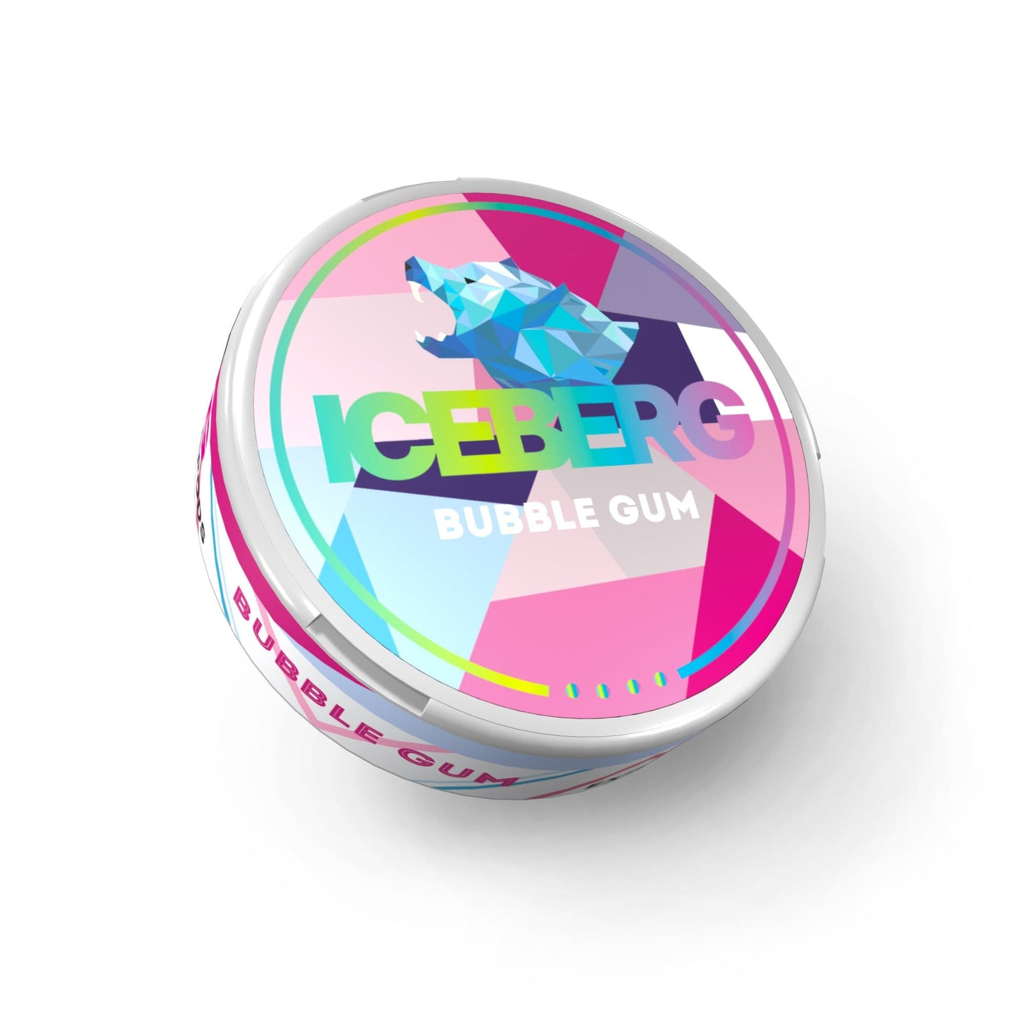 Detail close-up of a colorful circular tin of Iceberg Bubblegum, featuring a pink, blue, and purple design on a white back…