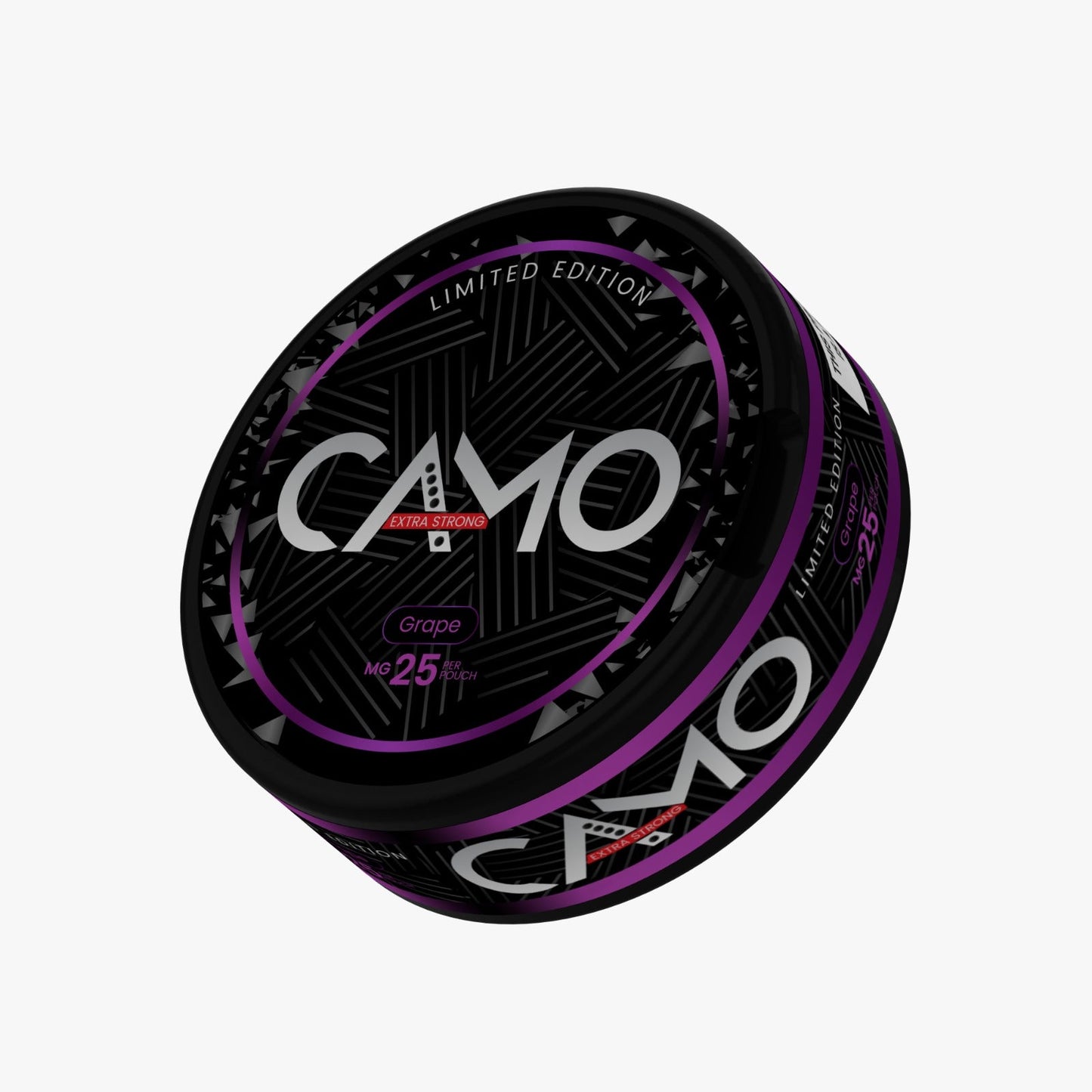 Front view of Camo Grape Limited Edition can in black, purple, and white with logo design.
