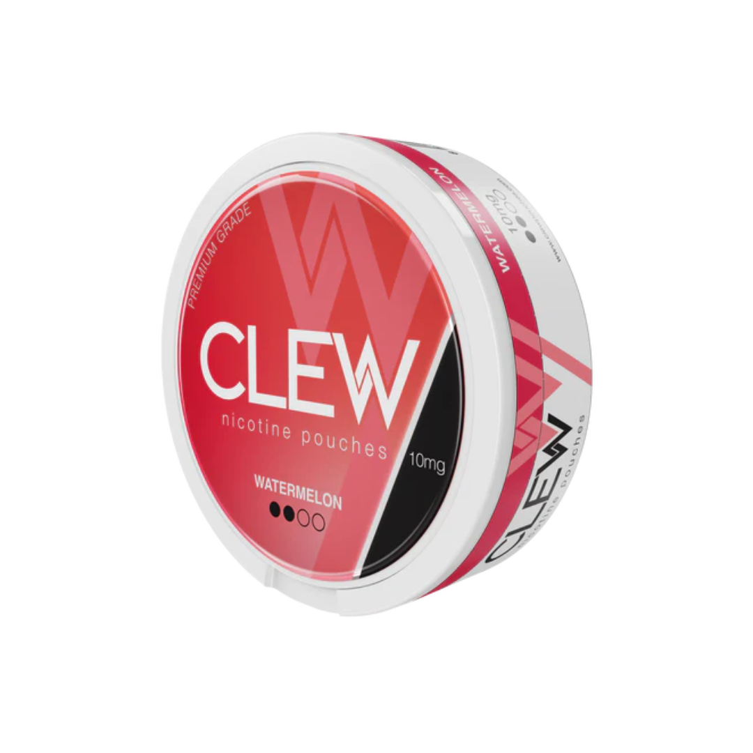 Packaging of Clew Watermelon pouch featuring a round container with a red, white, and black label design.