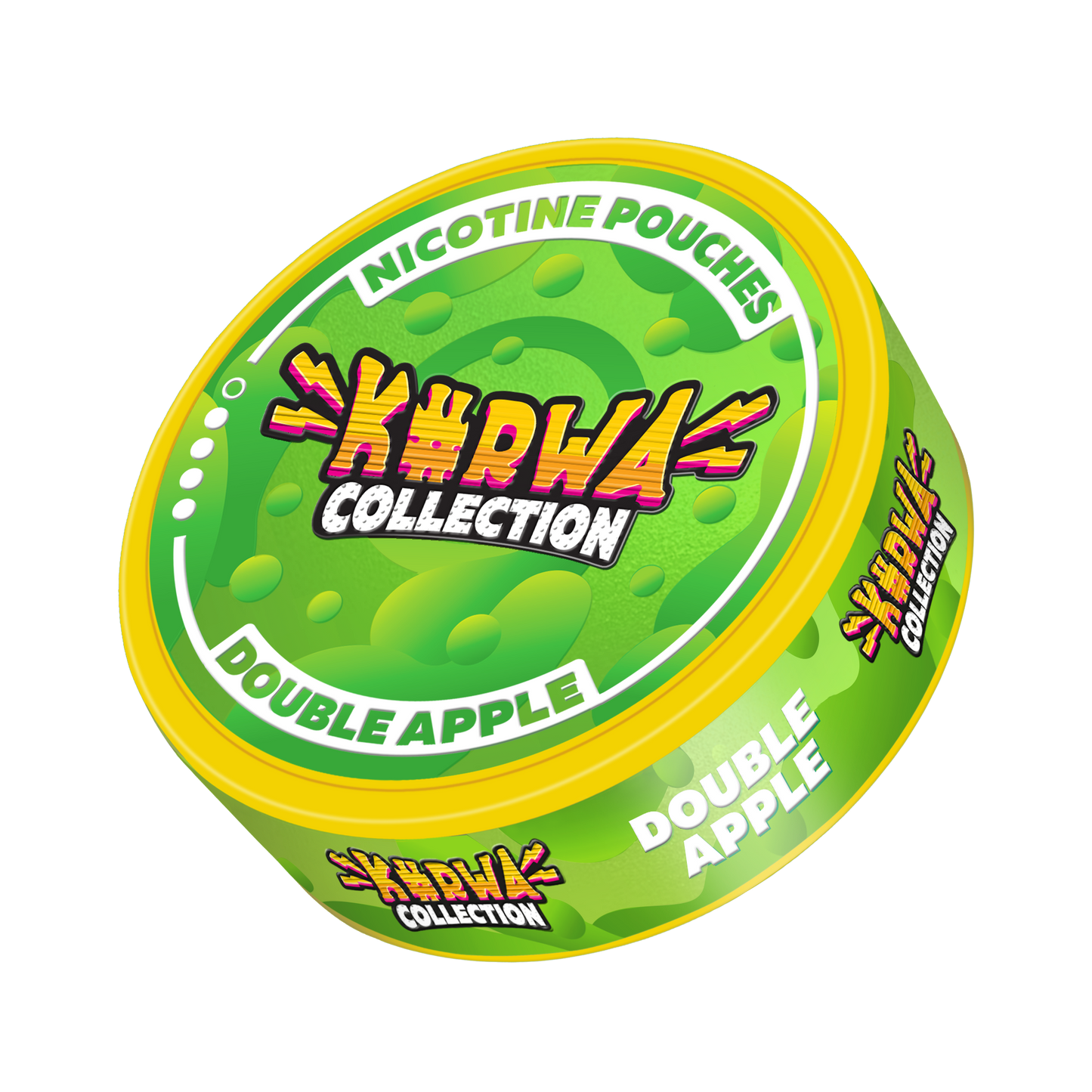 Front view of round green and yellow snus can featuring double apple flavor graphic design on a transparent background