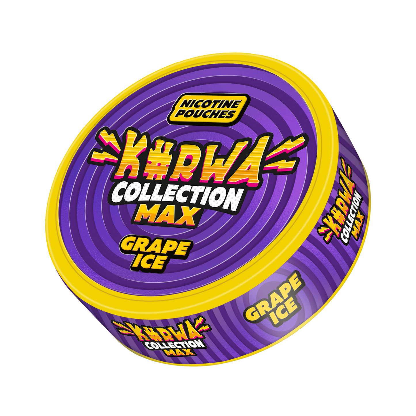 Front view of the purple grape-flavored snus can featuring a circular design with grape flavor and max collection.