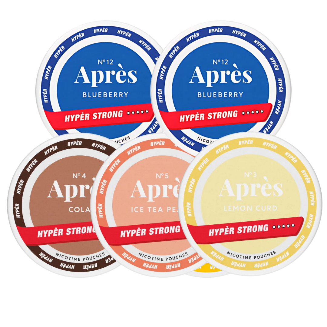 Front view of the Après Hyper Strong Mixpack featuring colorful cans with vibrant labels on a white background