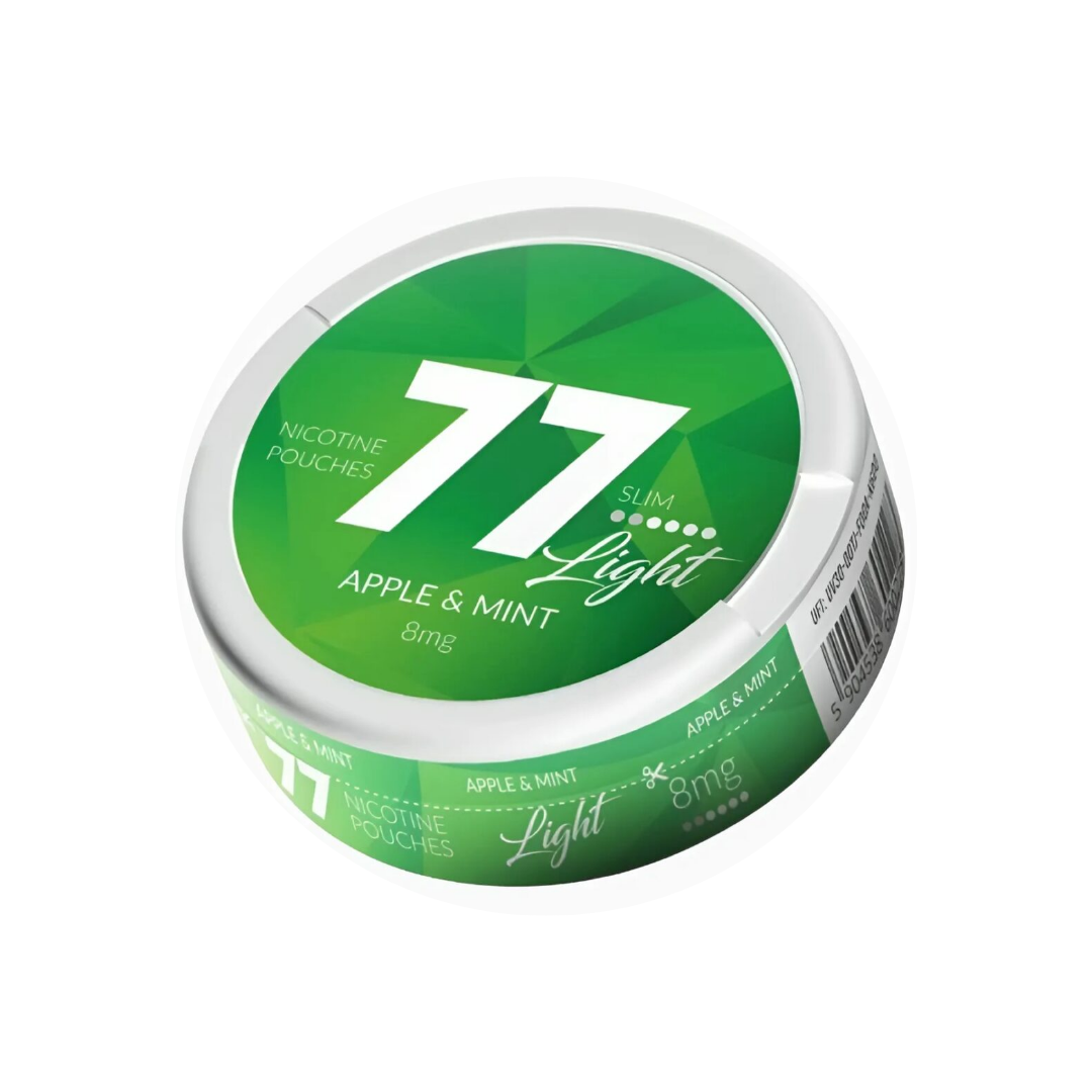Detail close-up of the green can featuring the number 77 and brand logo on a white background