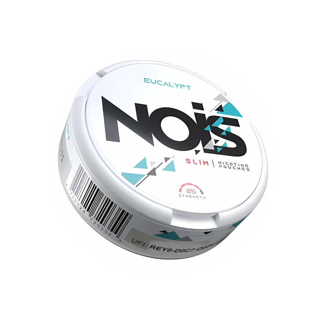 Detail close-up of Nois Eucalyptus nicotine pouch packaging in white and blue colors with a bold logo.