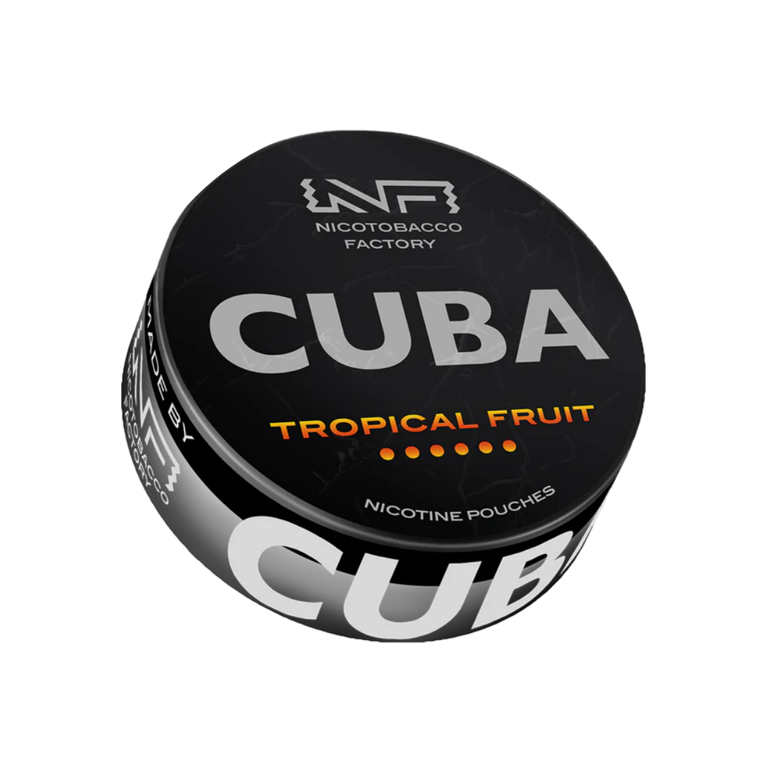 Detail close-up of the Cuba tropical fruit can in black, white, and orange featuring bold text and a round tin design.
