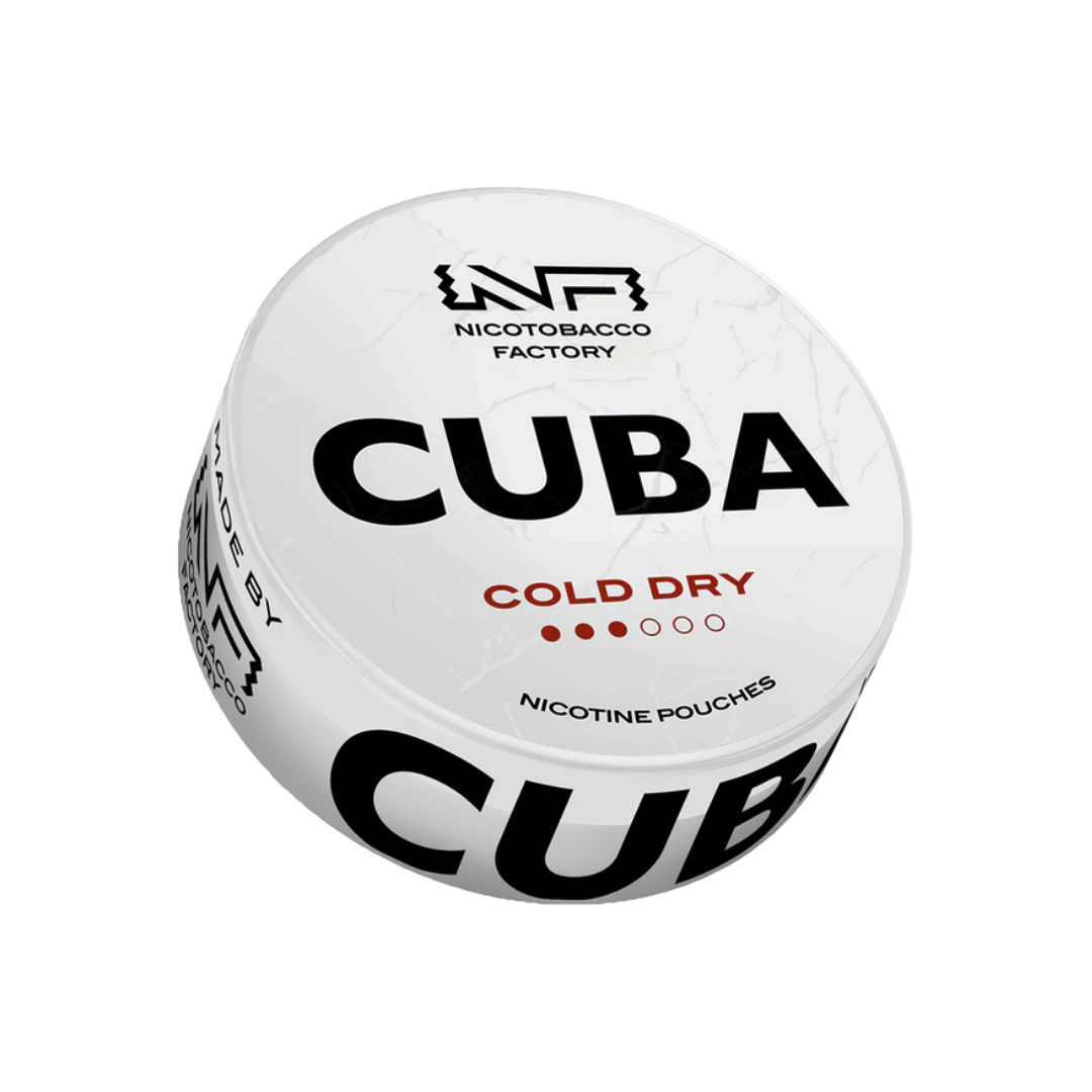 Detail close-up of the Cuba White Cold Dry pouches in a round container featuring bold text and a brand logo.