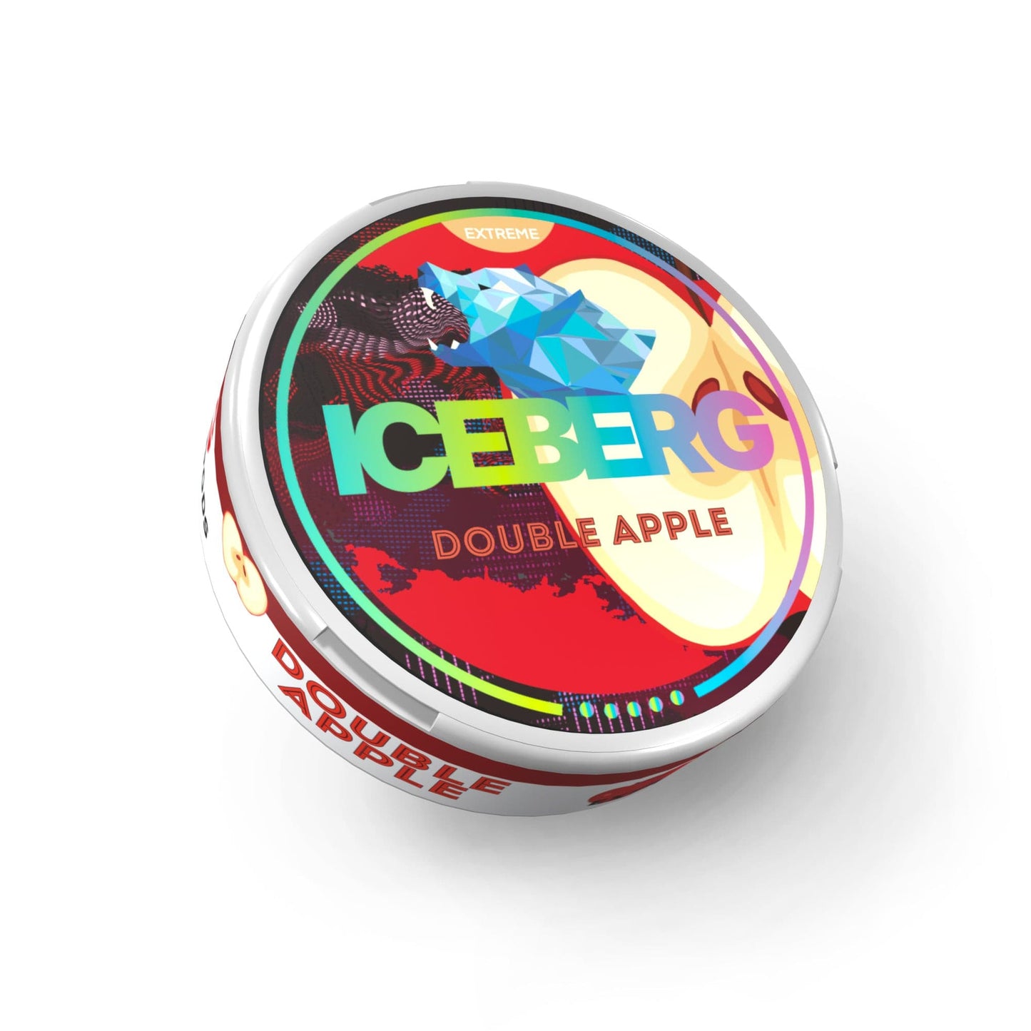 Detail close-up of a colorful tin featuring red, yellow, blue, and green colors, showcasing fruit flavor.