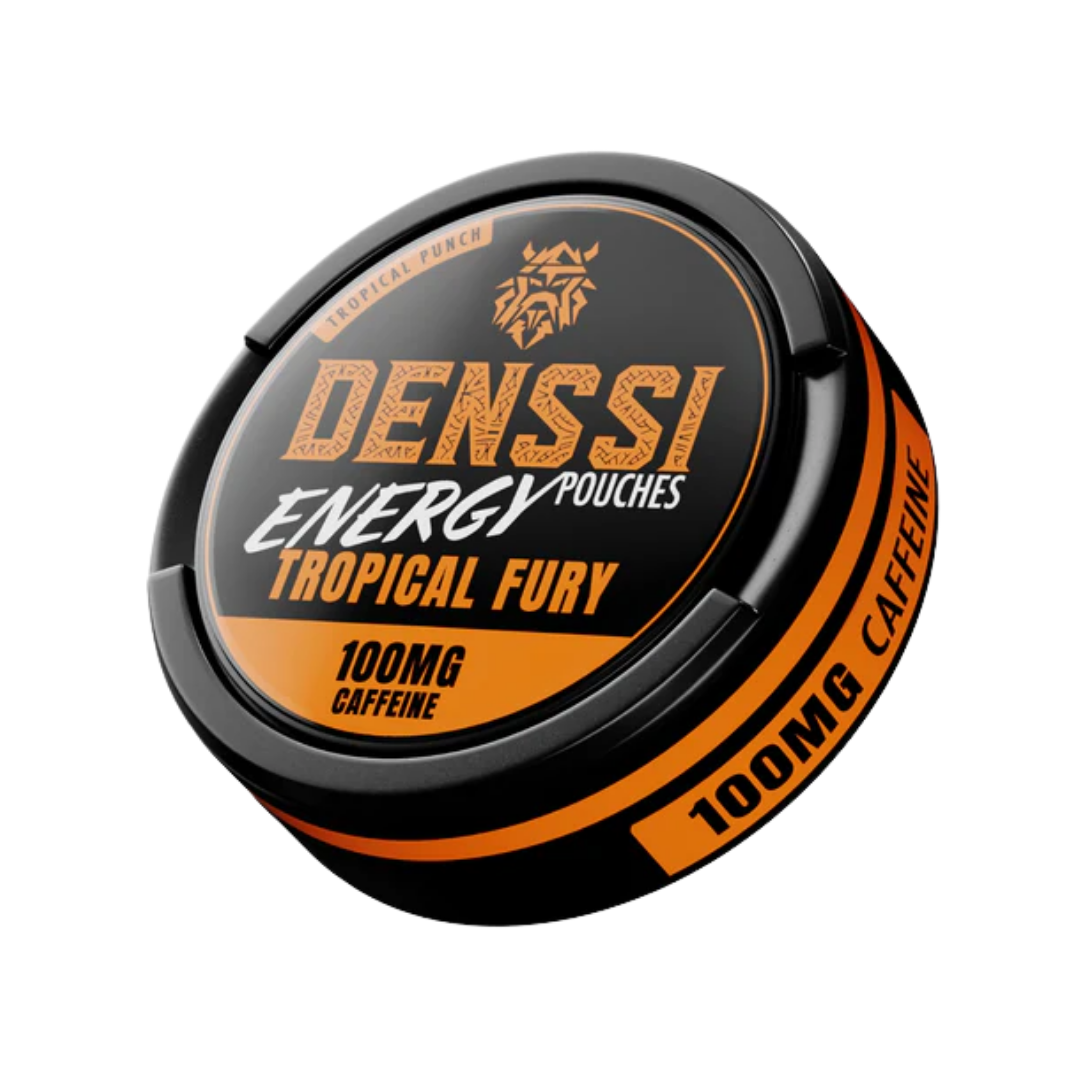 Detail close-up of Denssi Energy Berry Blast packaging featuring a black and orange round tin with a screw top.
