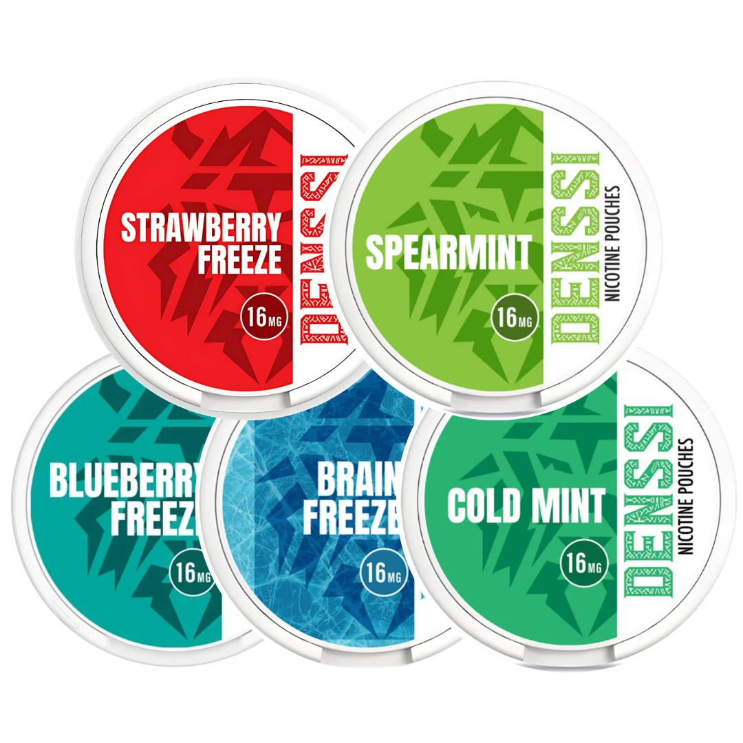 Front view of a variety of circular stickers in red, green, and blue with various designs and text labels on a white backg…