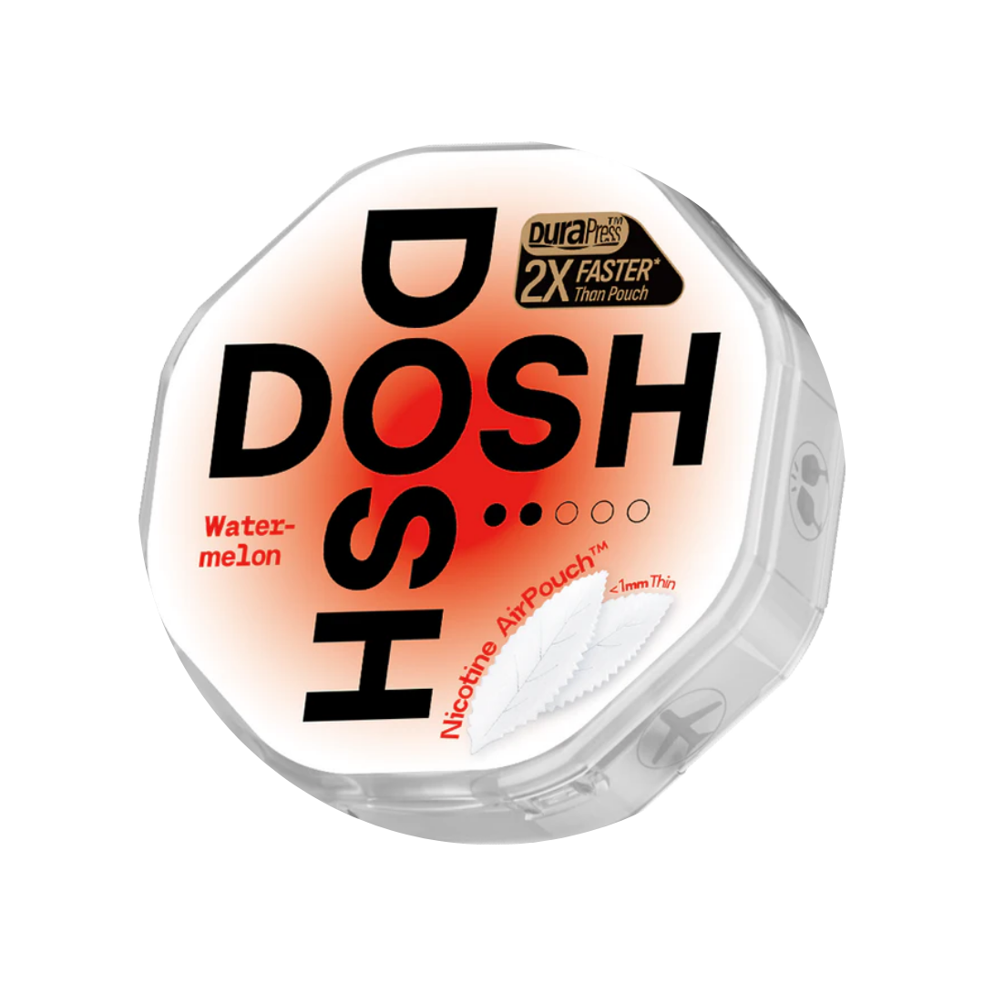 Detail close-up of the Dosh Watermelon nicotine pouch container, featuring bold red, black, and white graphic design.