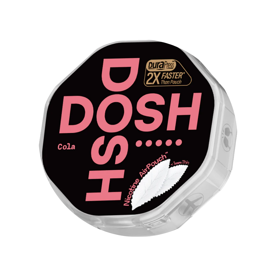 Detail close-up of Dosh Cola container showcasing bold text and octagonal shape in black, pink, and white.