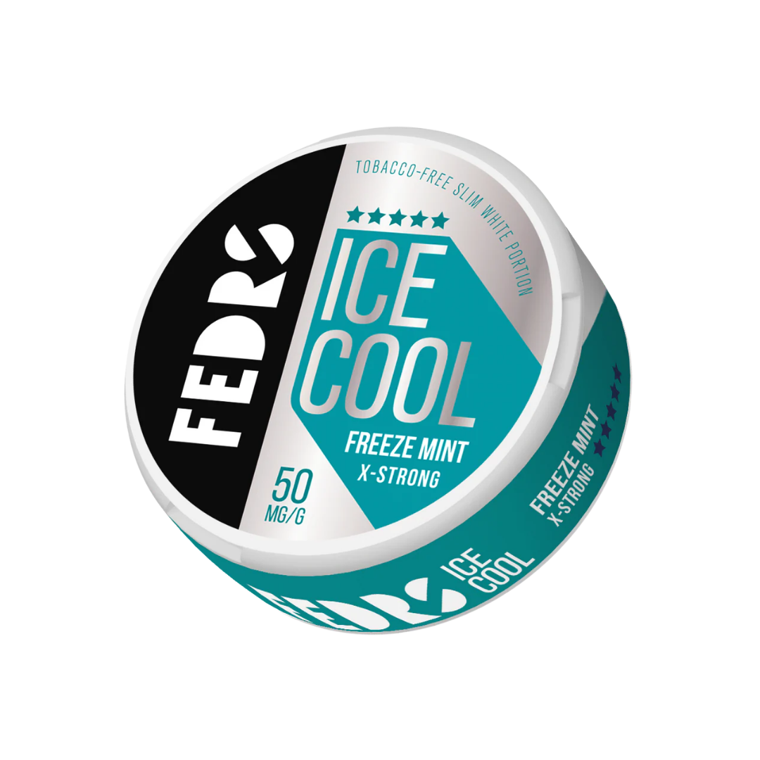 Detail close-up of the turquoise and black mint ice cool can featuring label design and mint flavor.
