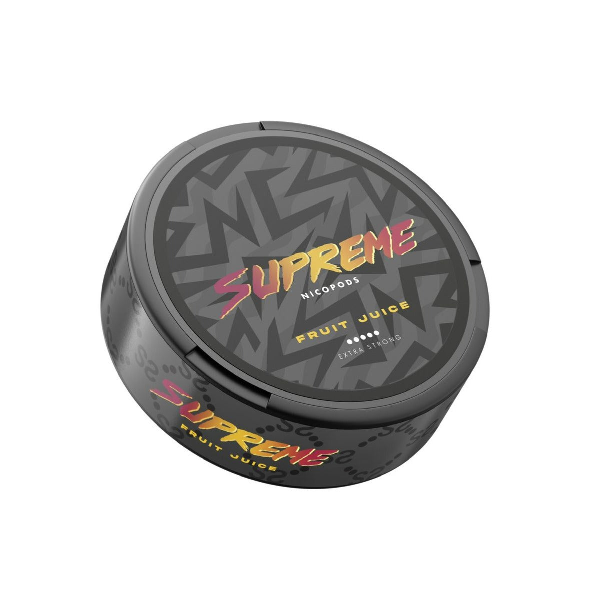 Detail close-up of a black container featuring red and yellow graphics for Supreme Fruit Juice snus