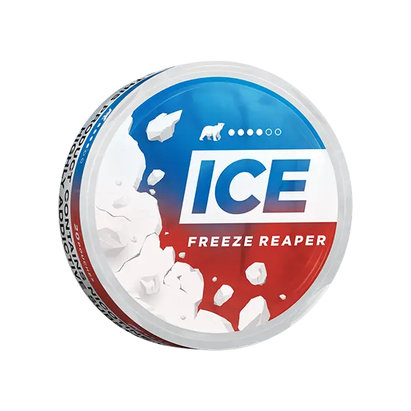 Perspective view of the Ice Freeze Reaper can showcasing frosted effect with blue, red, and white colors.
