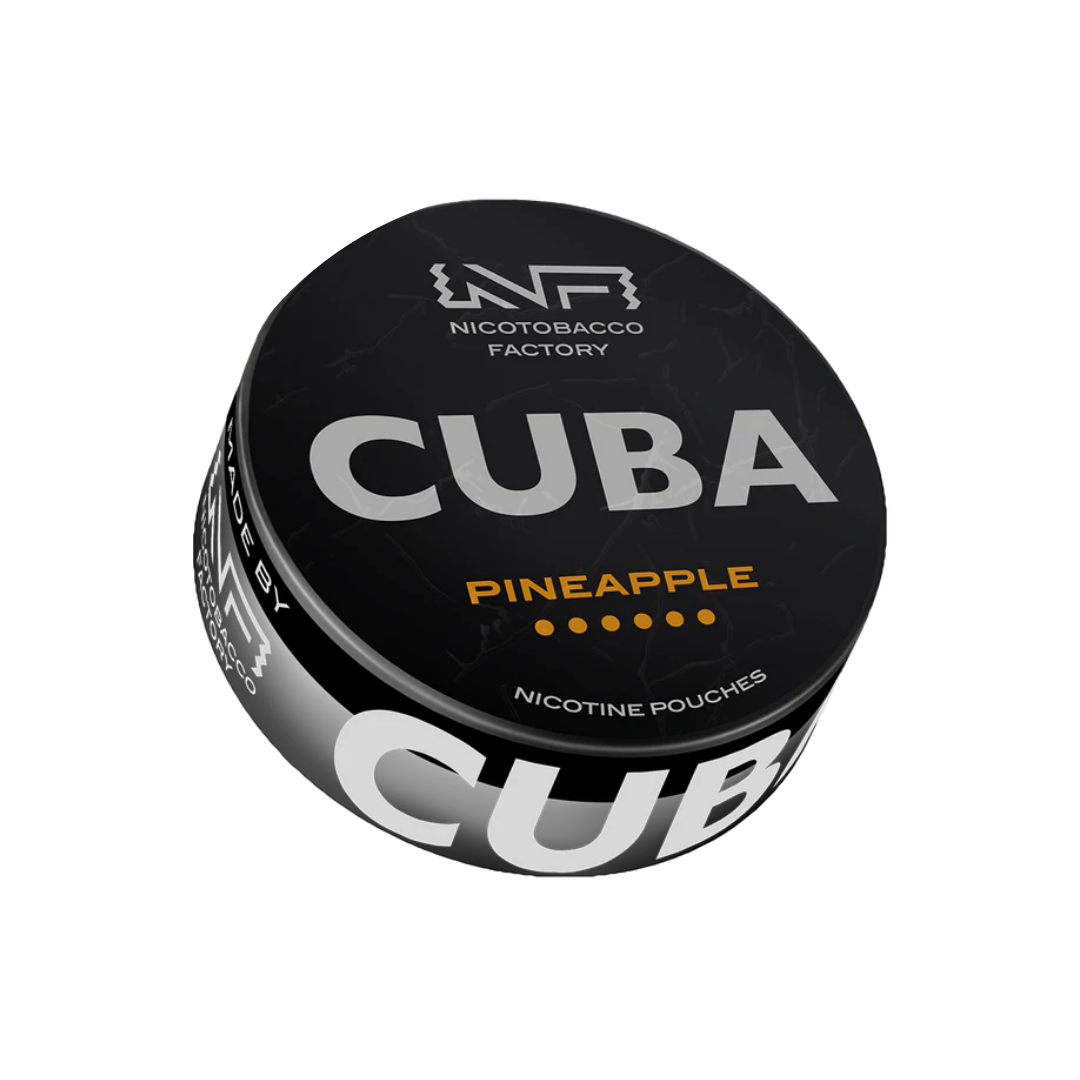 Front view of the round tin of Cuba Black Pineapple featuring a vibrant black, white, and yellow label design.