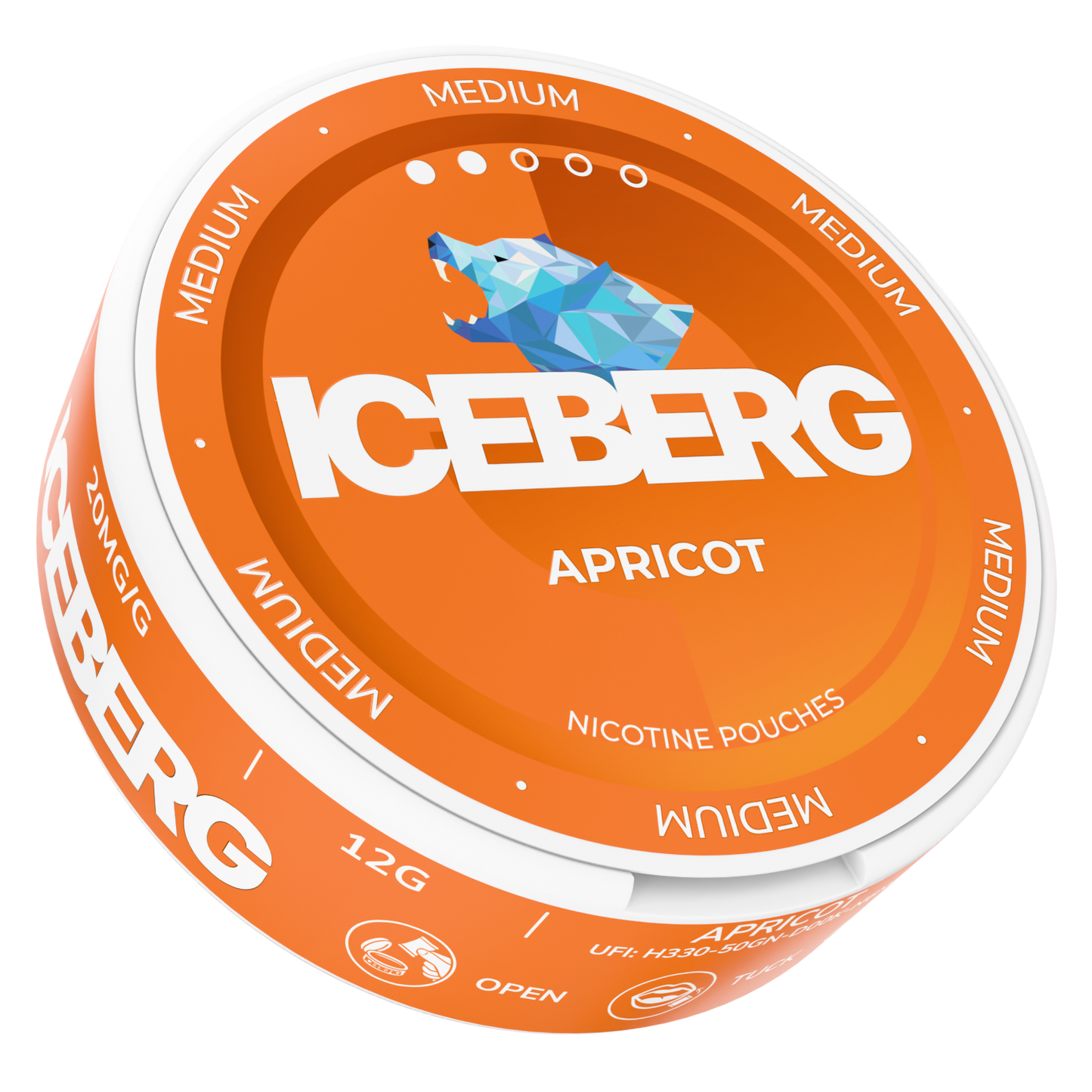Front view of a circular orange and white container with an iceberg graphic and label text.