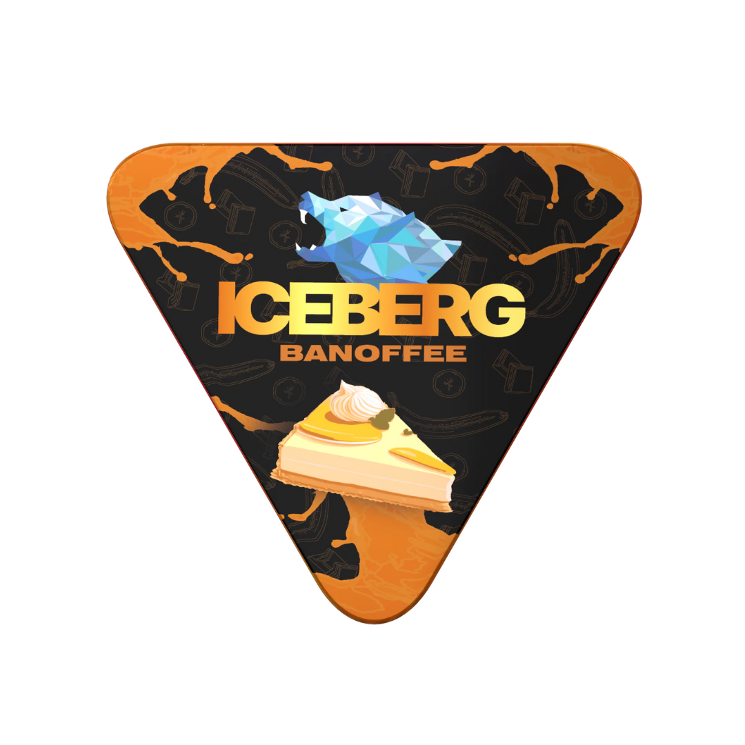 Front view of the Iceberg Banoffee pouch in a triangular metal can, featuring orange, black, and blue colors with graphic…