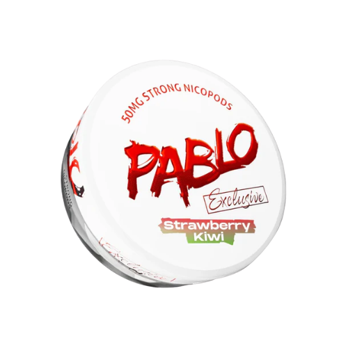 Detail close-up of the round white and red Pablo product container featuring graphic text on a transparent background