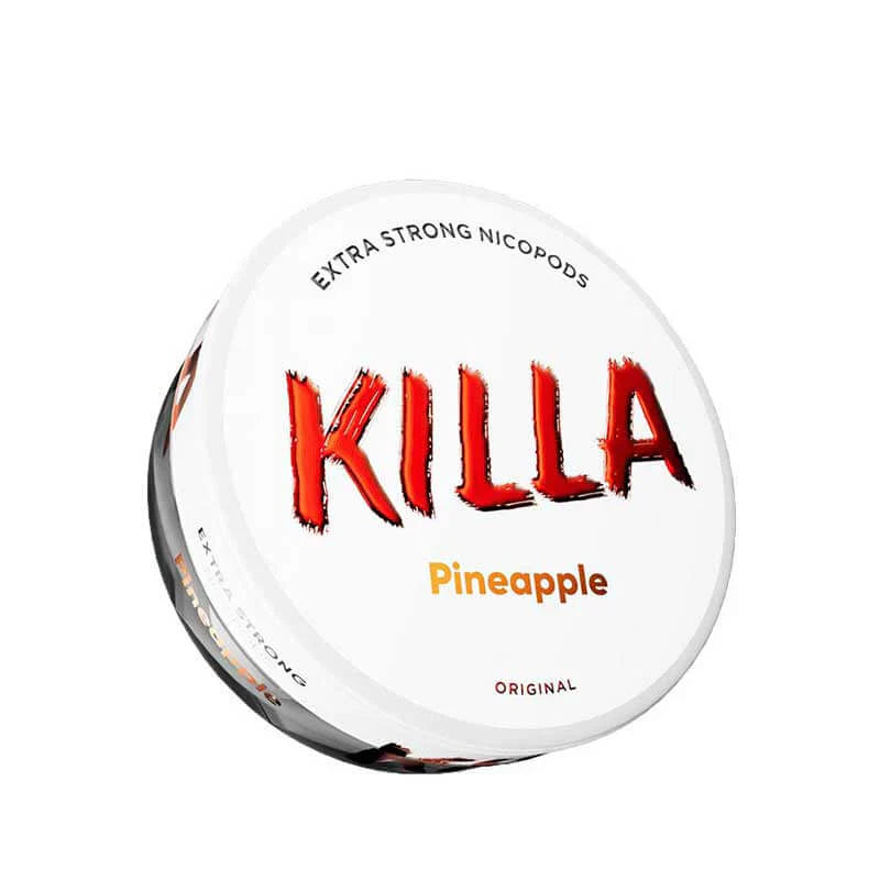 Detail close-up of Killa Pineapple can showcasing bold text and tropical fruit flavor on a white background