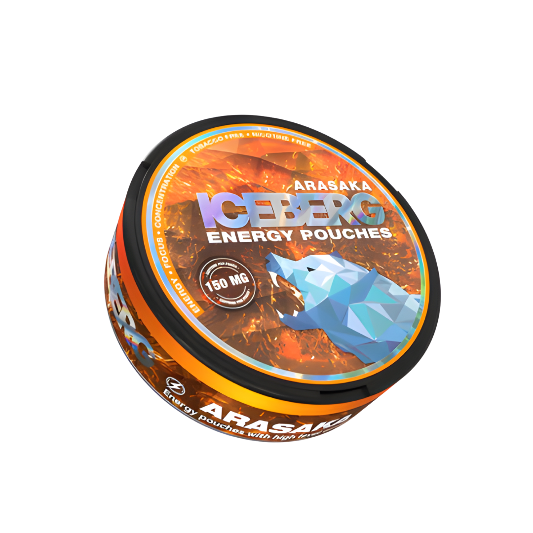 Front view of circular container of Iceberg Energy Arasaka featuring orange, blue, and brown graphic design.