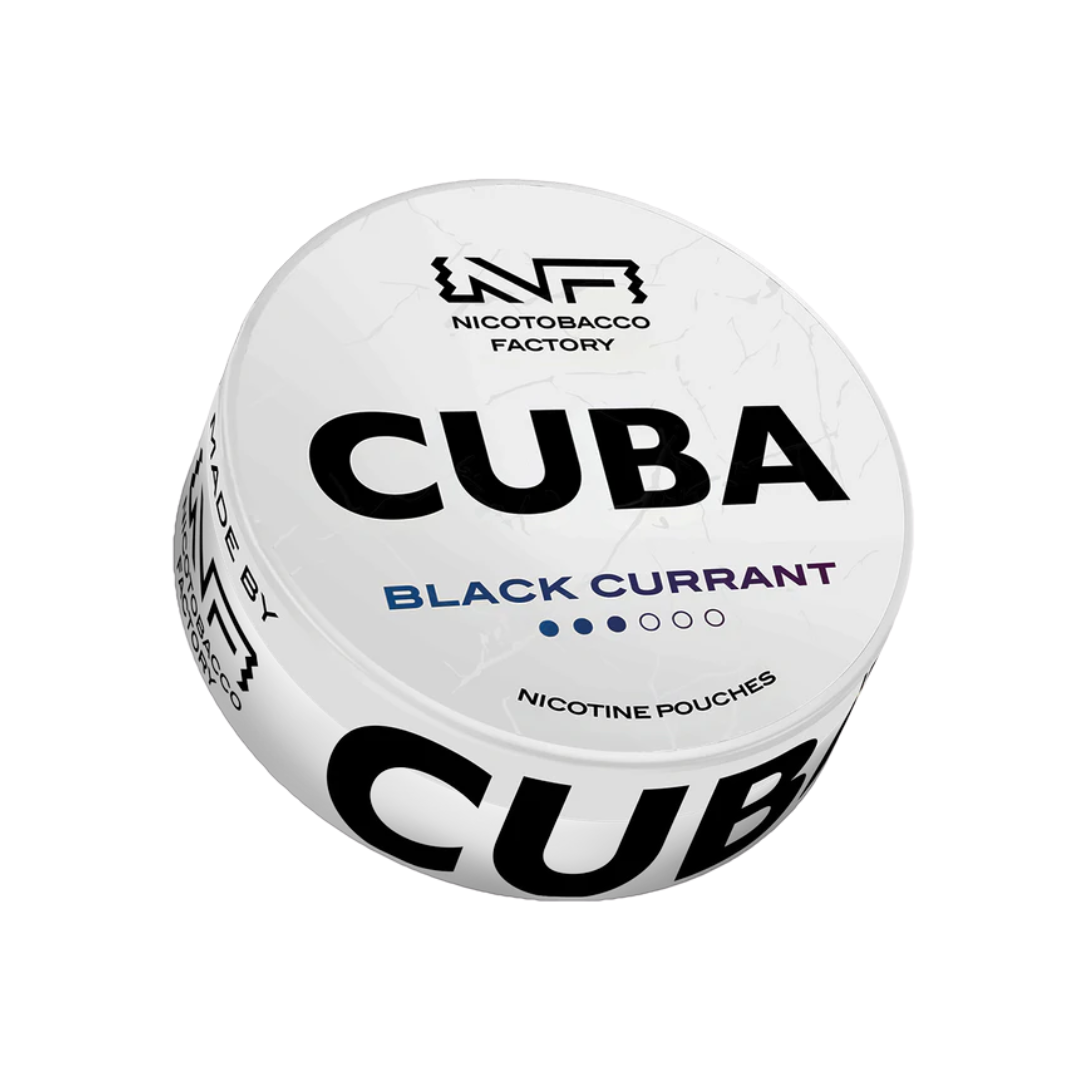Detail close-up of Cuba Blackcurrant nicotine pouch packaging featuring a round container with black and white label text.