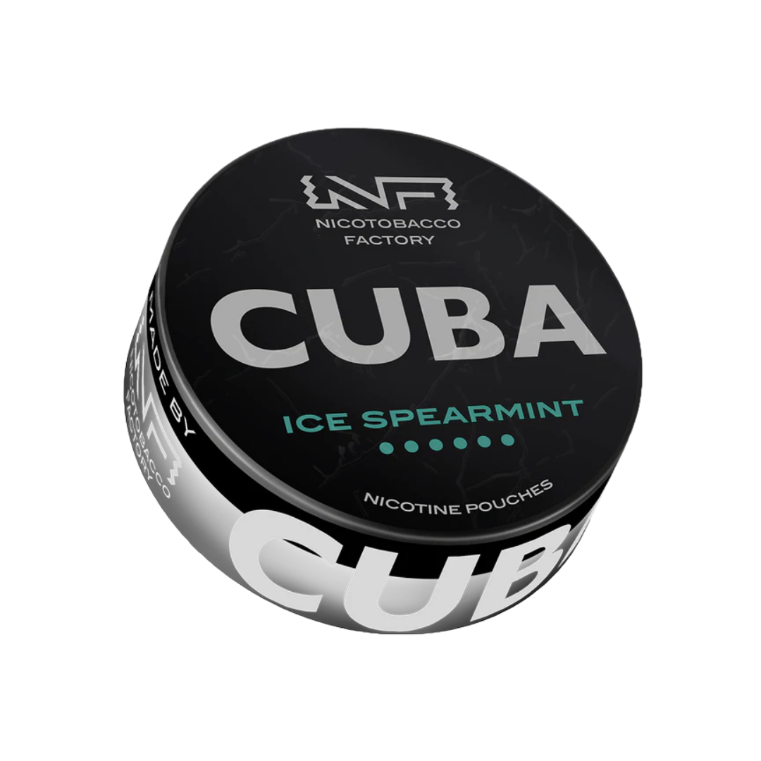 Detail close-up of Cuba Black Ice Spearmint nicotine pouch tin in black and silver with bold text on a transparent background