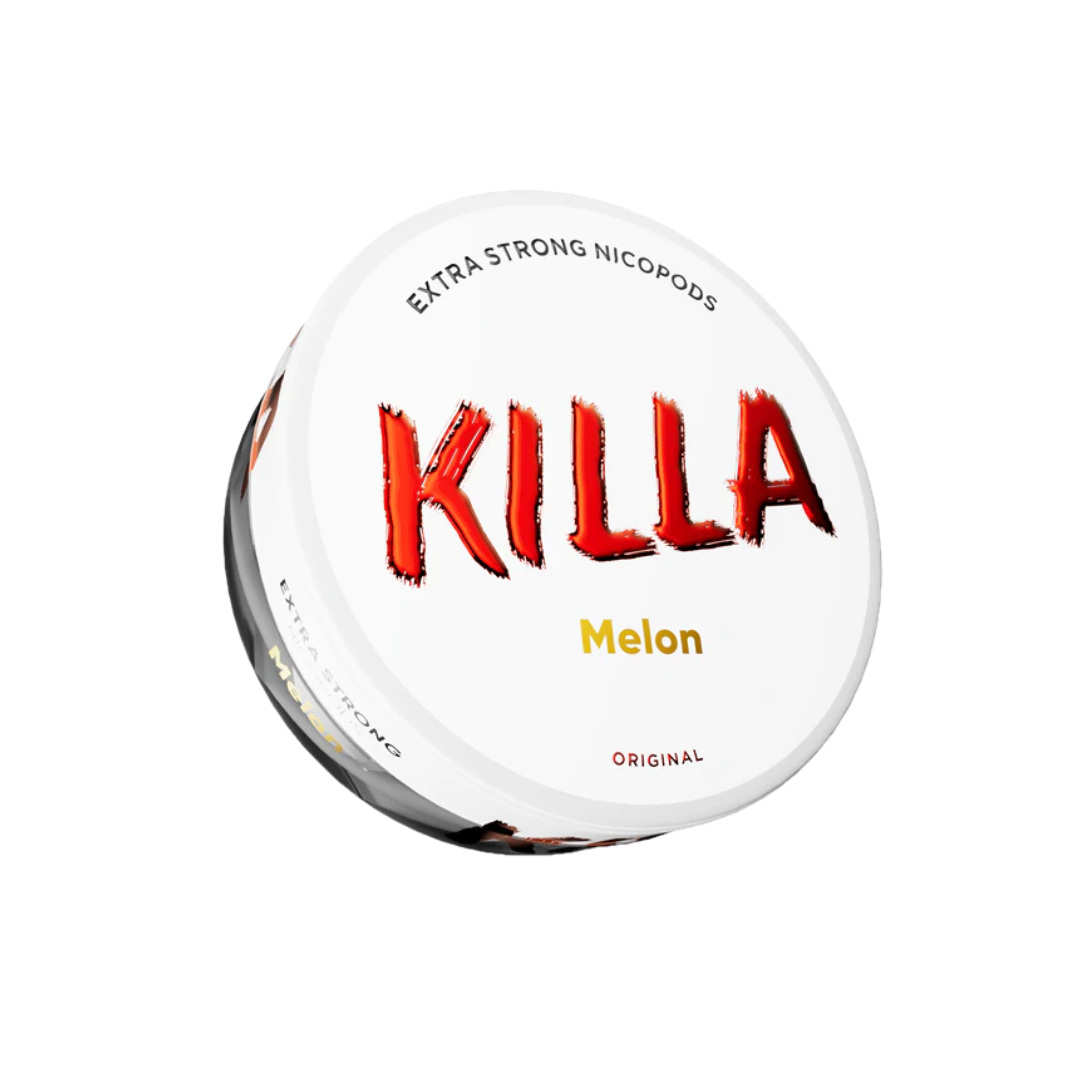 Front view of a circular can of Killa Melon Snus with bold text and flavor label on a transparent background.