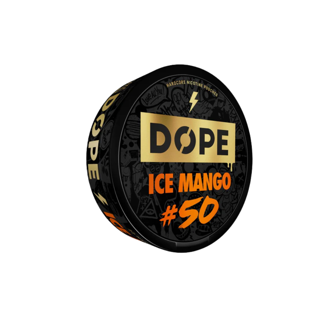 Front view of the round black and orange nicotine pouch can featuring mango flavor on a white background.