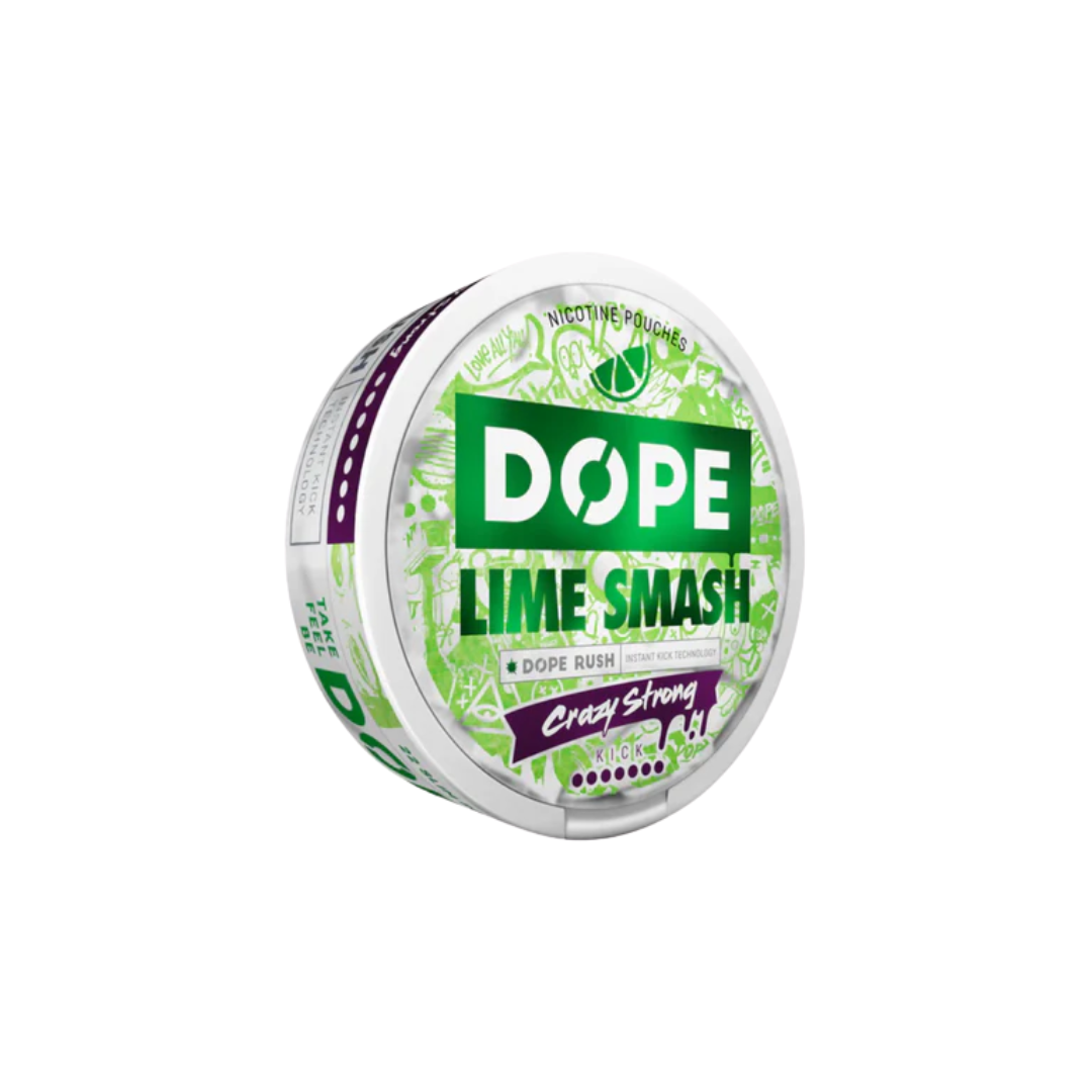 Front view of a circular tin of Dope Lime Smash featuring a vibrant green and white label, highlighting the lime flavor.
