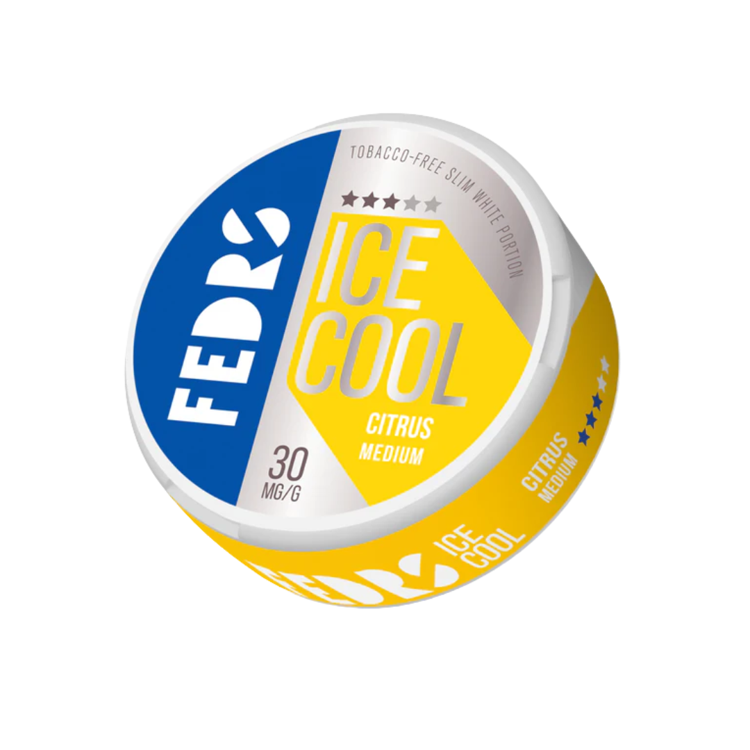 Detail close-up of the circular tin showcasing yellow, blue, and white branding for Fedrs Citrus Medium.