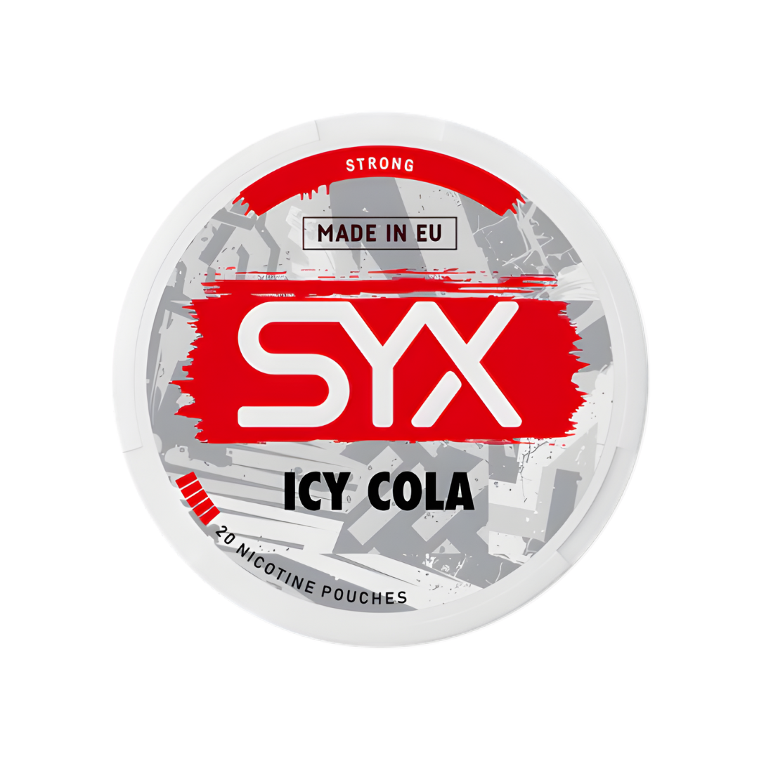 Detail close-up of the SYX Icy Cola Strong pouch featuring red and white branding on a white background