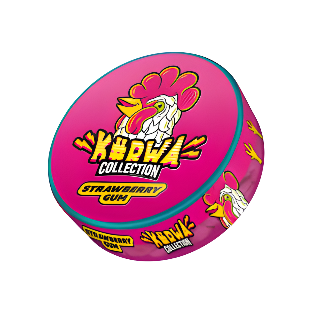 Front view of a pink container with a cartoon chicken, bold text, and round shape on a transparent background.