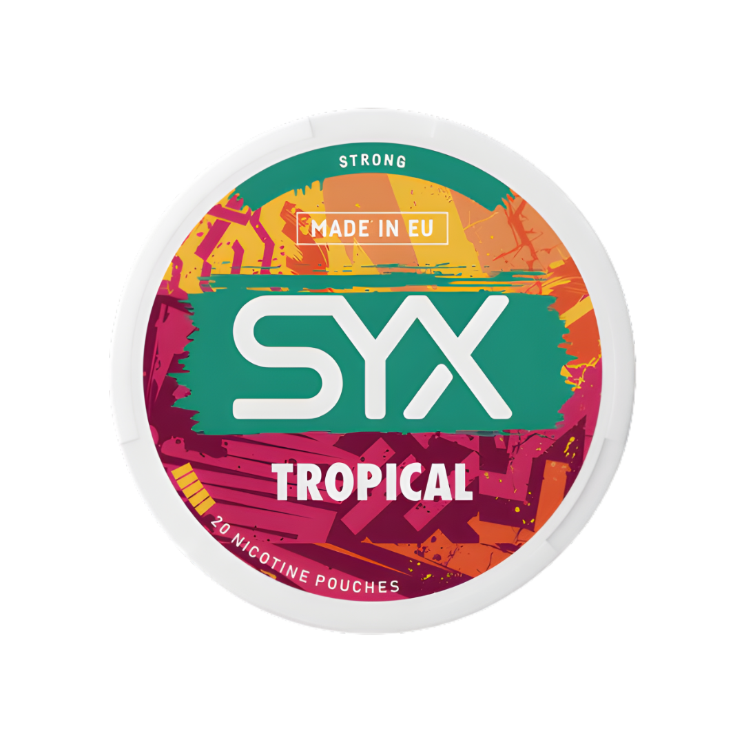 Detail close-up of SYX Tropical Strong pouch packaging featuring tropical design in pink, green, and orange.