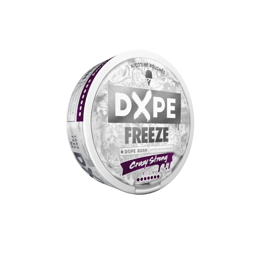 Side view of the round white and purple Dope Freeze Ultra Strong container with label design and screw top.
