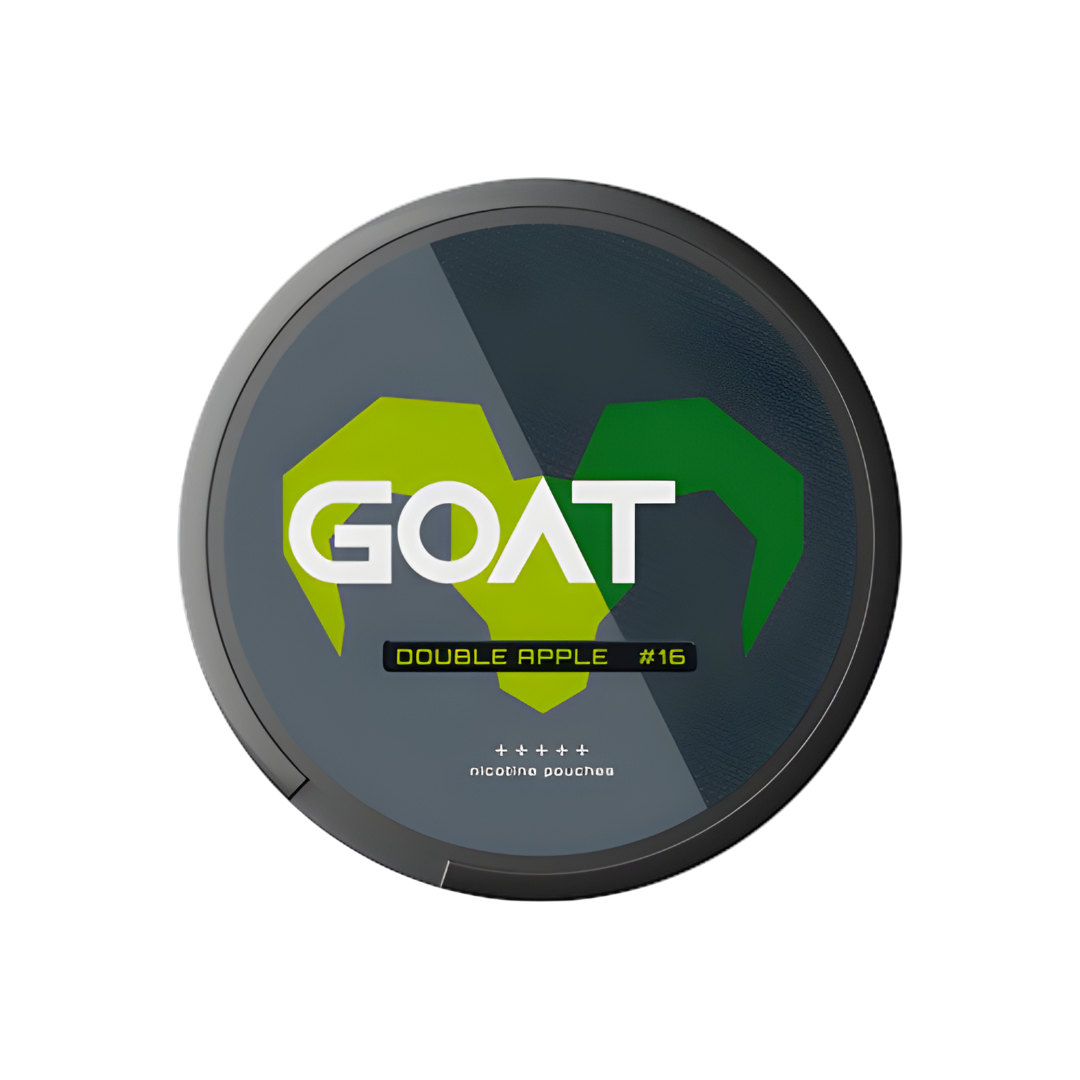 Detail close-up of Goat Double Apple pouch showcasing a round container in black, green, and yellow with logo design.