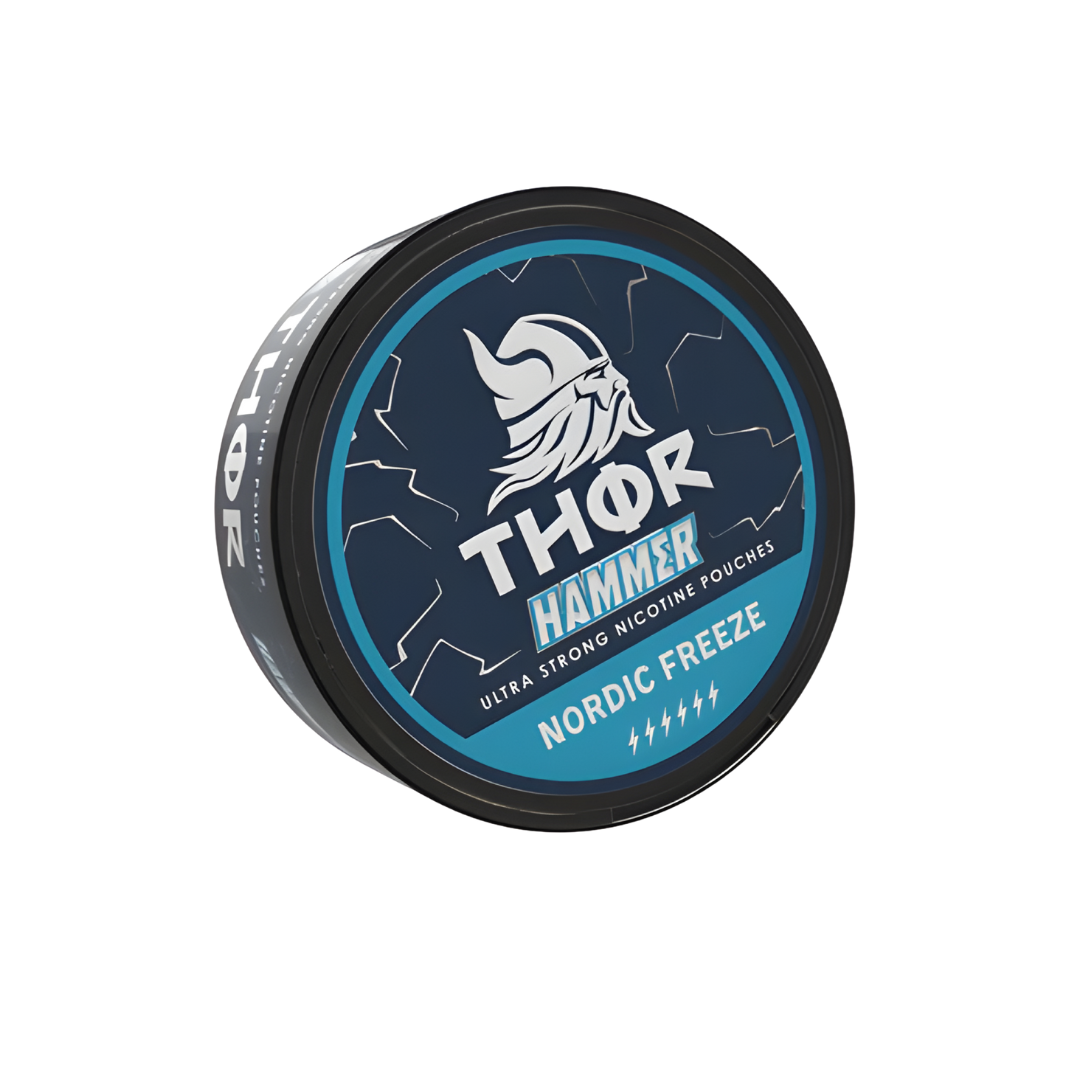 Detail close-up of the matte black circular tin featuring the Thor Hammer Nordic Freeze label on a white background