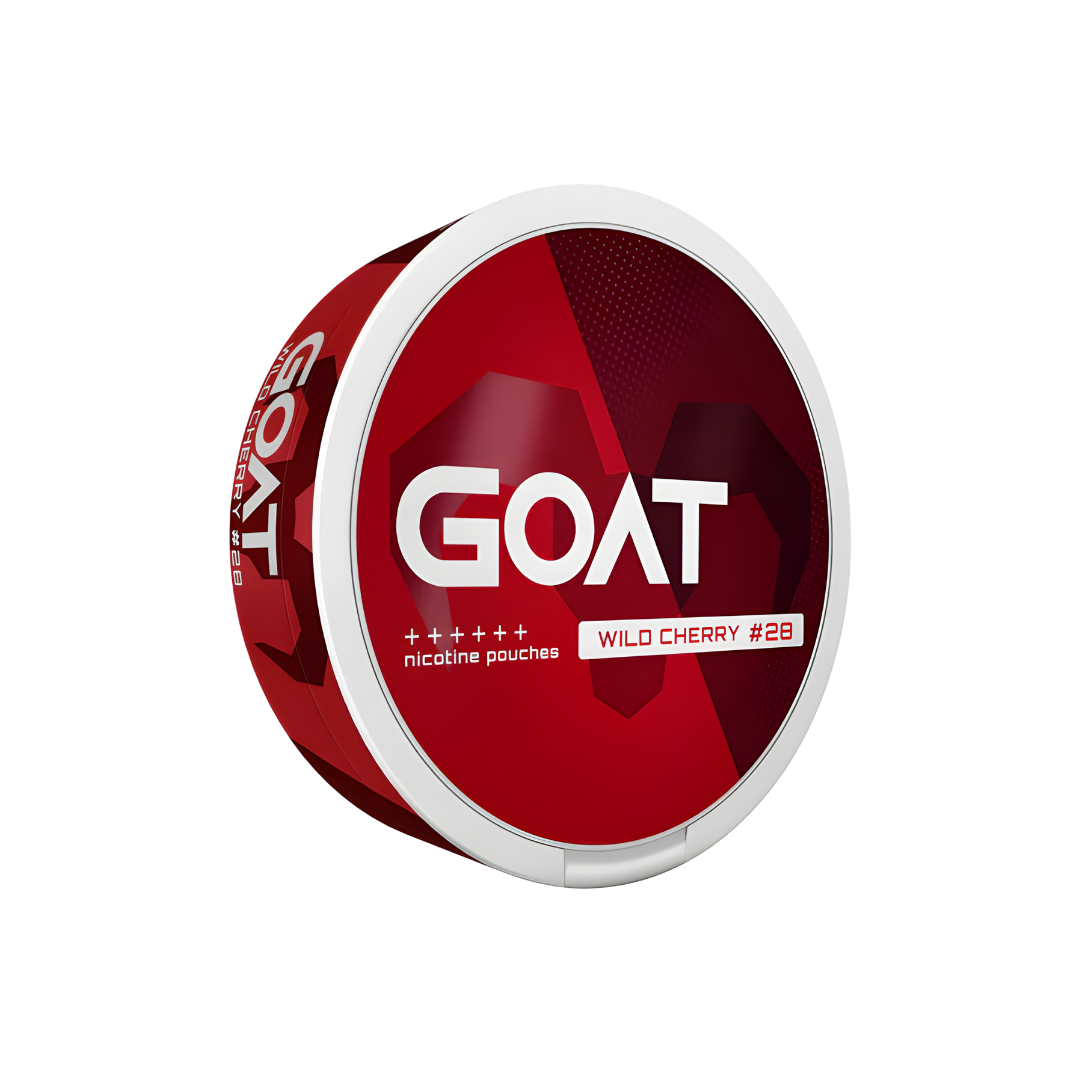 Front view of the round Goat Wild Cherry container in red and white with logo prominently displayed.