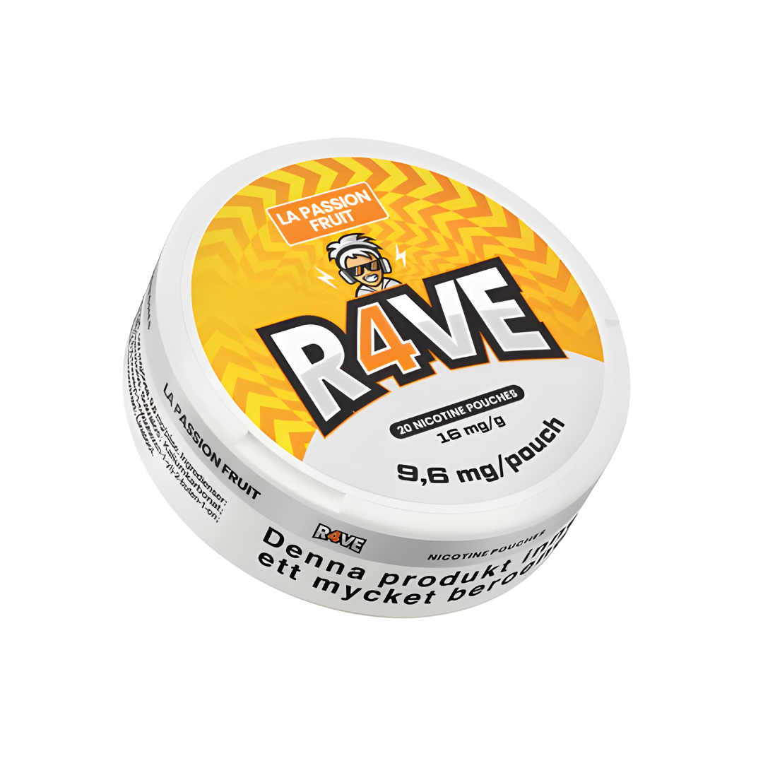 Detail close-up of Rave LA Passion nicotine pouches in a round tin, featuring bold text and citrus flavor on a white backg…