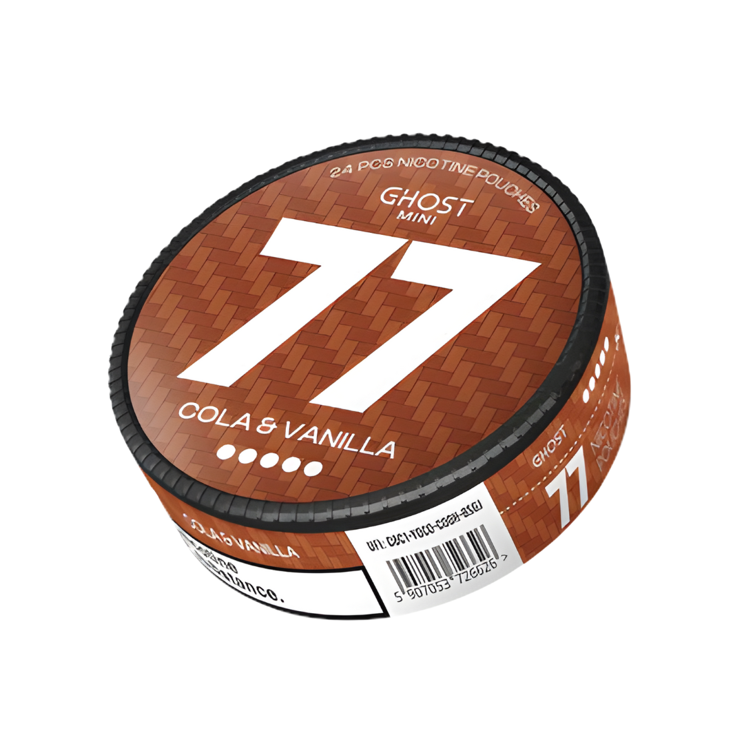 Front view of the circular can featuring a brown and black label with the number 77 and a barcode on a white background.