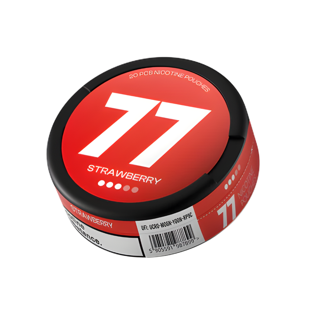 Detail close-up of a red circular container with a label featuring the number 77, on a white background.