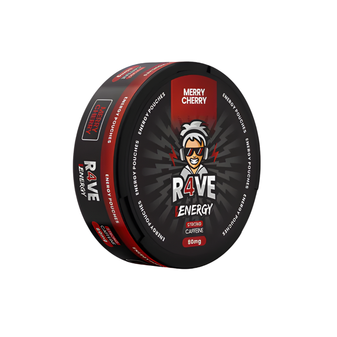 Front view of the black, red, and white circular container with graphic design and screw top lid