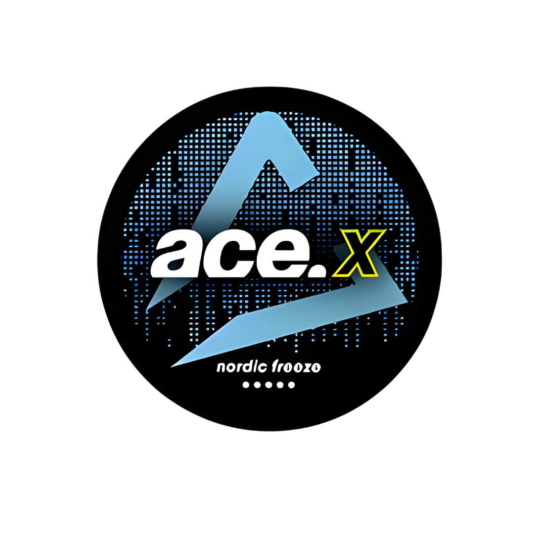 Close-up of the Ace X logo featuring black, blue, and white stylized text on a transparent background