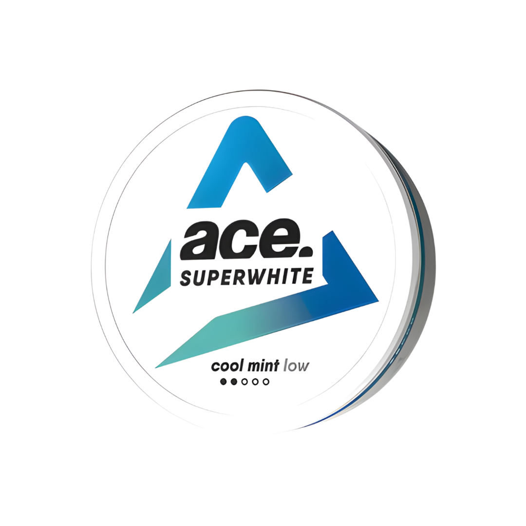 Front view of the Ace Cool Mint Low nicotine pouch packaging featuring a logo design and triangular graphic in white, blue…