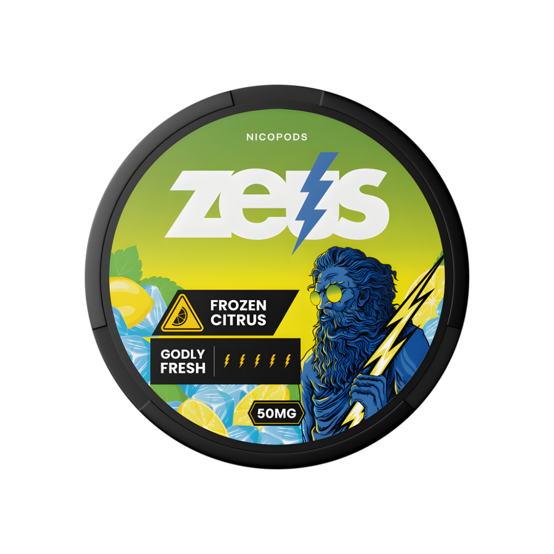 Packaging of Zeus Frozen Citrus nicotine pouches showcasing citrus flavor with yellow, black, and blue colors.