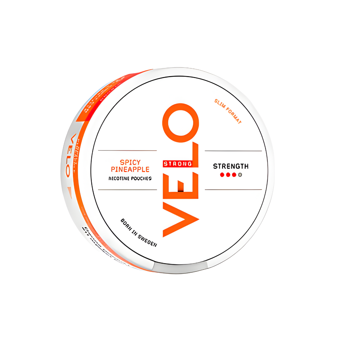 Detail close-up of a circular snus can in orange and white, showcasing the brand logo and flavor indication.