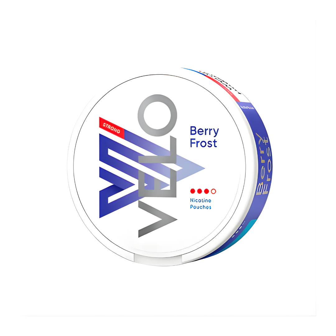 Front view of VELO Berry Frost snus can featuring a brand logo and special offer in white, blue, and red colors.