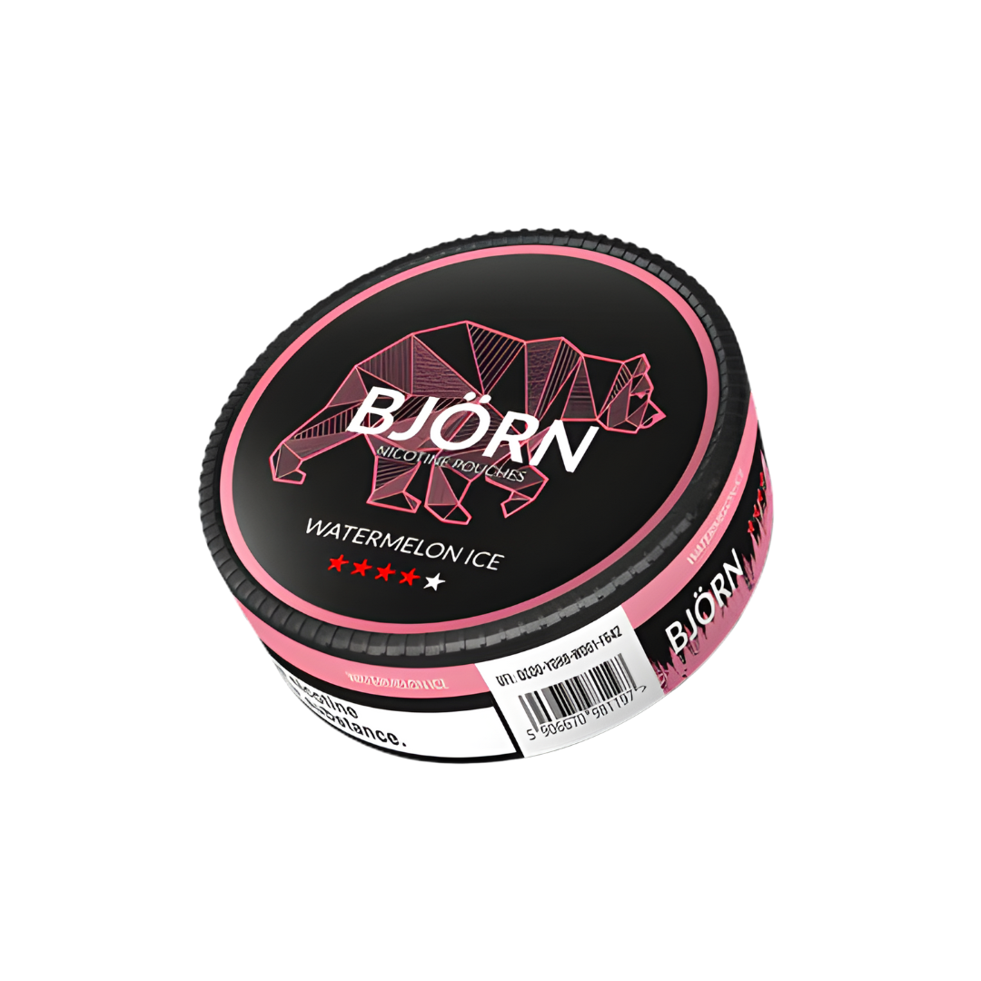 Side view of a round black, pink, and white snus can featuring graphic design and label text.